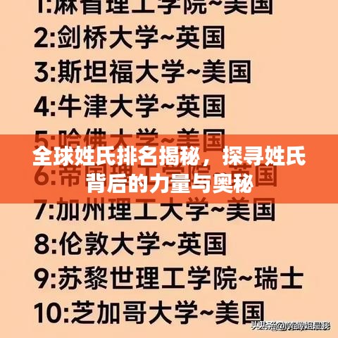全球姓氏排名揭秘,探寻姓氏背后的力量与奥秘